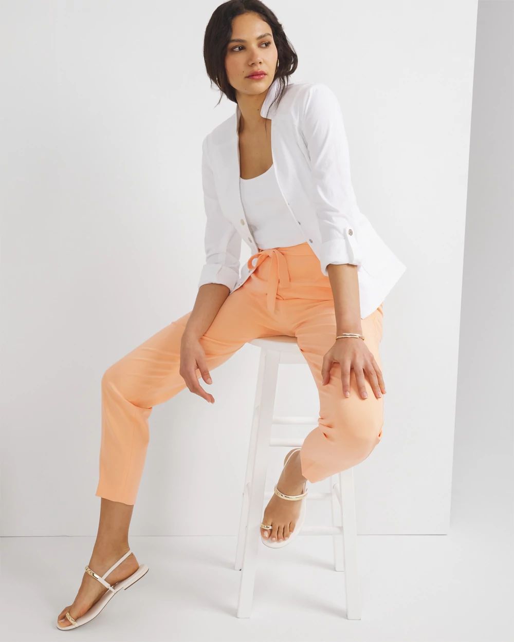 ★E.B.M★ Belted Cotton Wide Pants EMP5WPT010 Belted Tapered Ankle Fluid Pant | White House Black Market